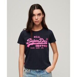 Super Dry Gray Tee Shirt Pink Logo Short Sleeve Crew Neck, Size 10